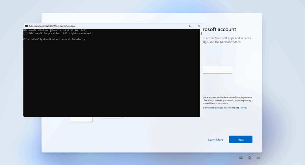 start ms-cxh:localonly in command prompt to create a local account on Windows 11