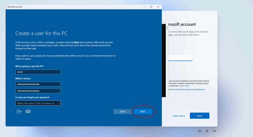 Create a user window to create a local account on Windows 11 Home