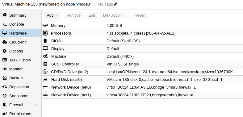 specs assigned to OPNsense vm in proxmox