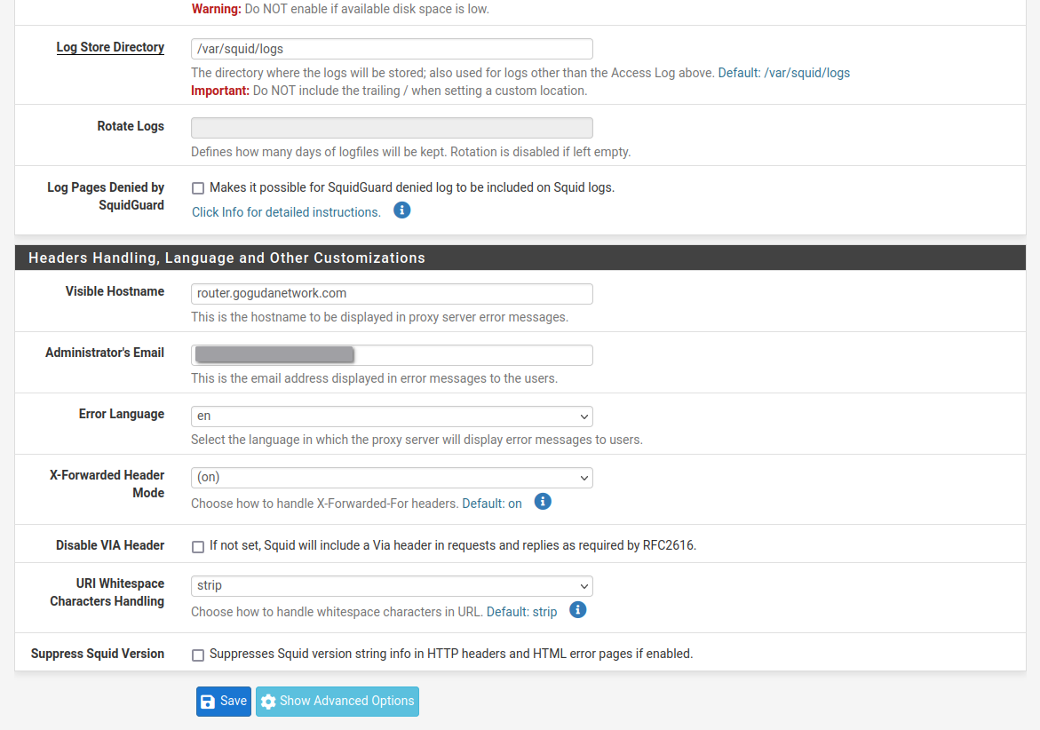 Squid config page in pfsense