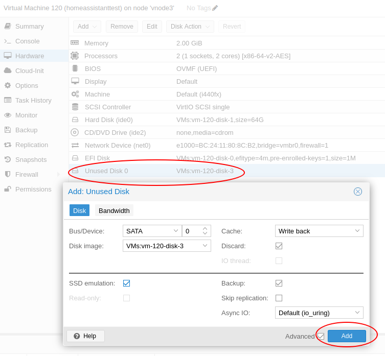 Add the unused disk created from the qcow2 image in proxmox