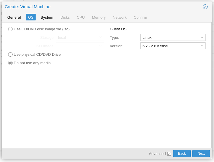 Do not use any media when uploading qcow2 image to proxmox