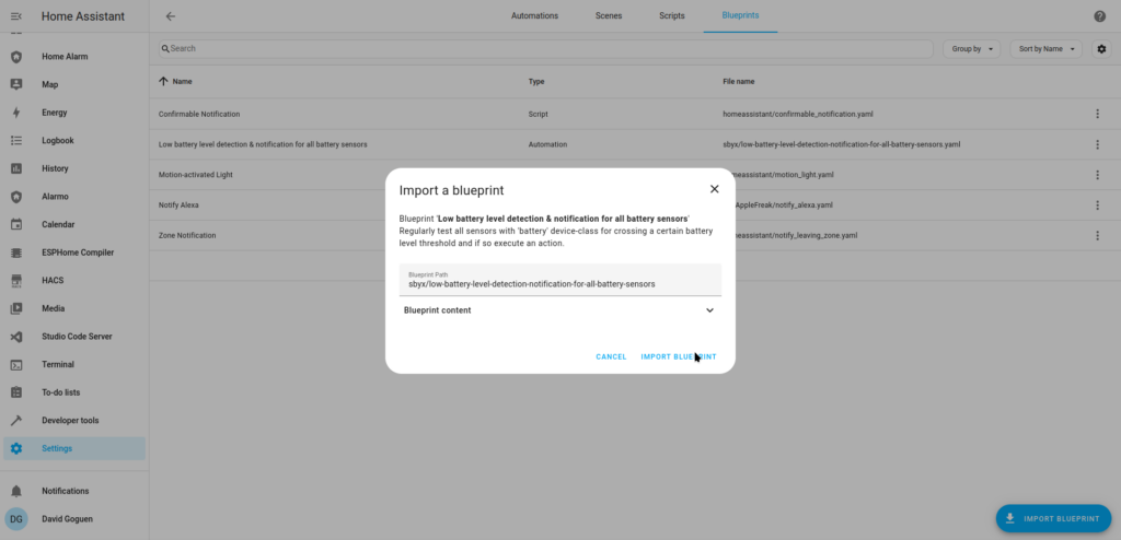 Importing the Low Battery Notification Blueprint in Home Assistant