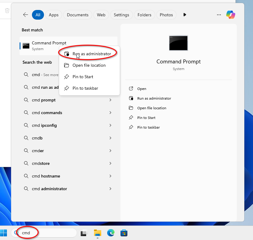 Opening an elevated Command Prompt window on Windows 11 from the start menu