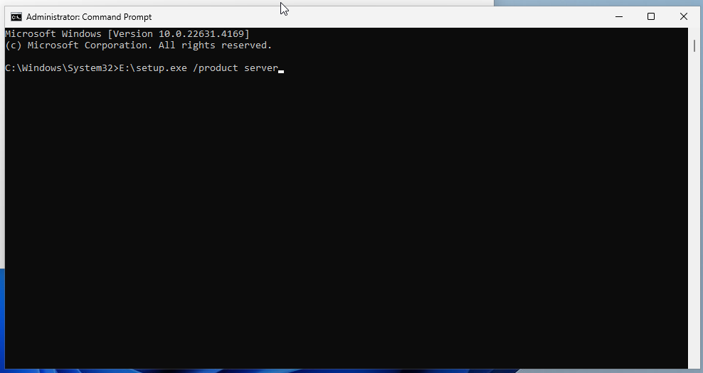Running Windows 11 setup from command prompt with product server flag