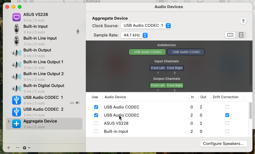 Selecting audio devices to combine for aggregate device on macOS