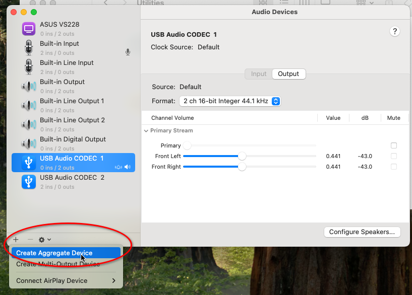 Create aggregate device to combine audio input and output on macOS