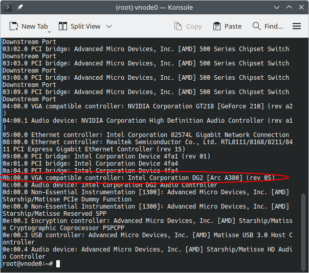 lspci output showing my intel arc GPU card