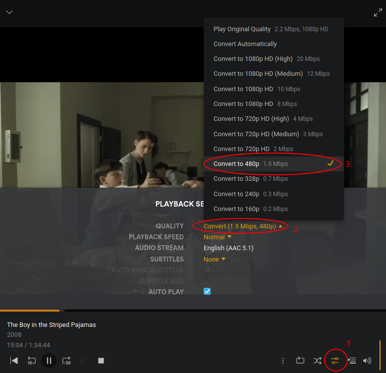 Force Plex to transcode by selecting a lower quality