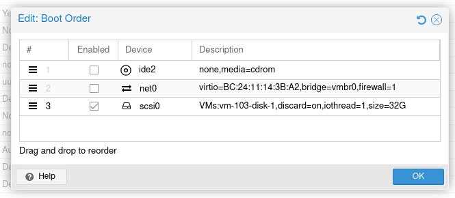 check home assistant drive and uncheck unnecessary boot devices proxmox