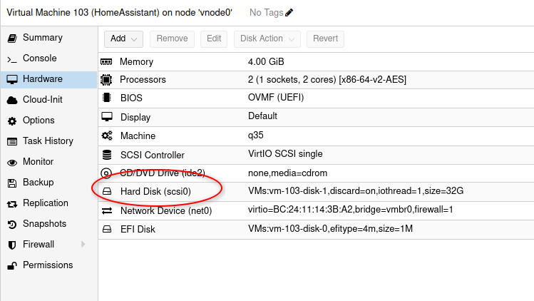 showing attached drive proxmox home assistant vm
