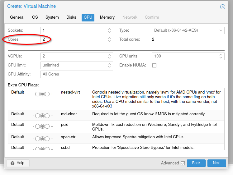 cpu tab settings creating vm for proxmox