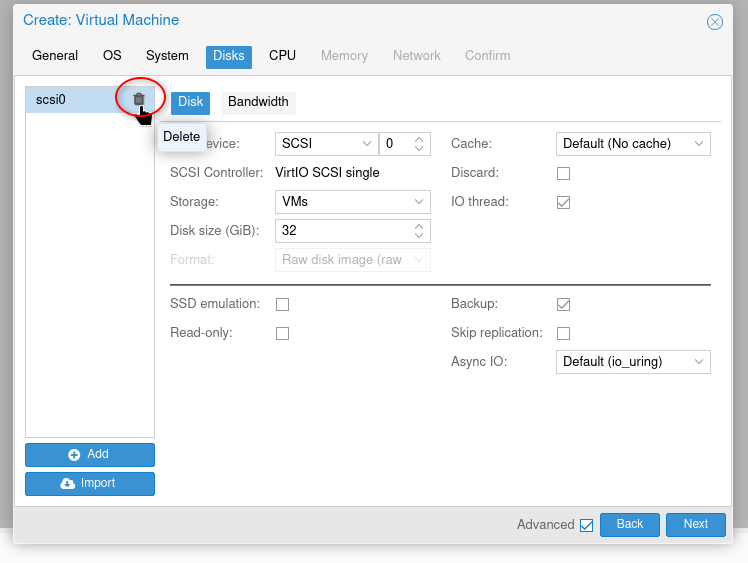 disks tab settings creating vm for proxmox