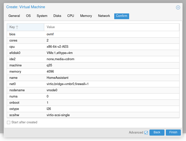 finish tab settings creating vm for proxmox