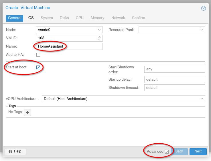 general tab settings creating vm for proxmox