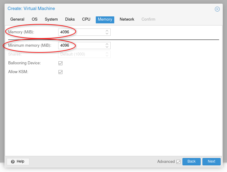 memory tab settings creating vm for proxmox