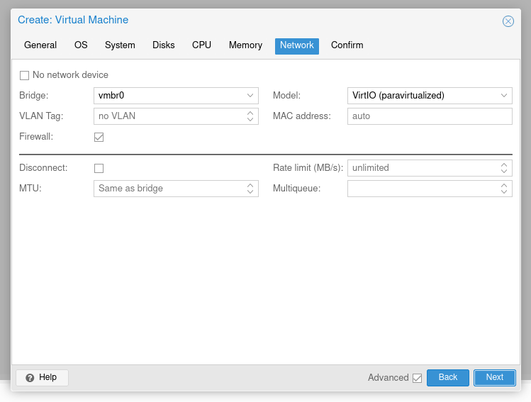 network tab settings creating vm for proxmox