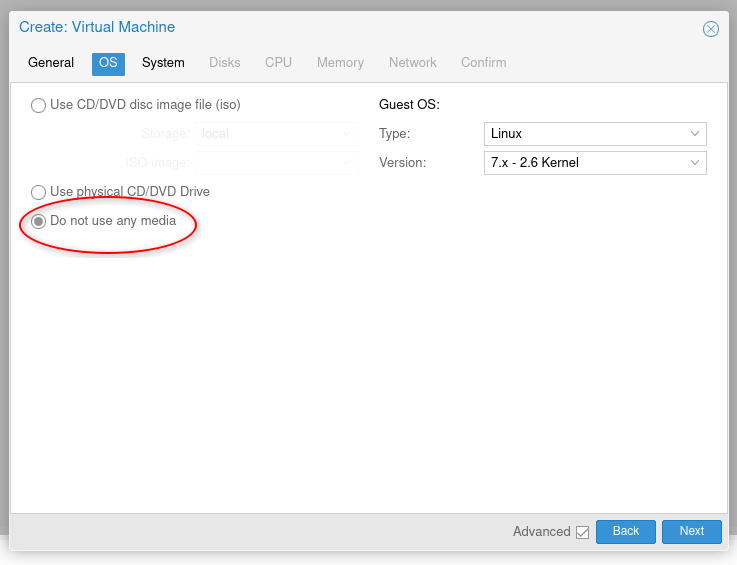 os tab settings creating vm for proxmox
