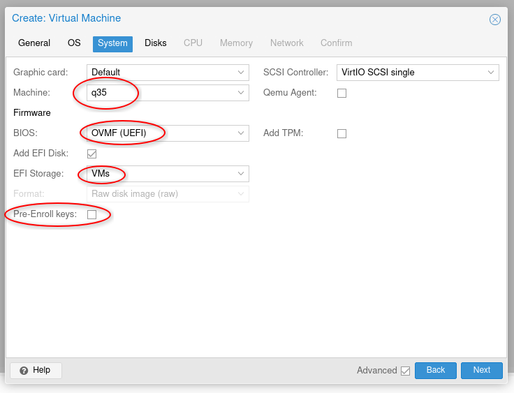 system tab settings creating vm for proxmox