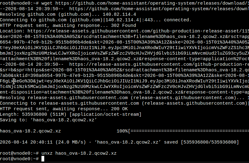 downloading and unzipping home assistant image for proxmox