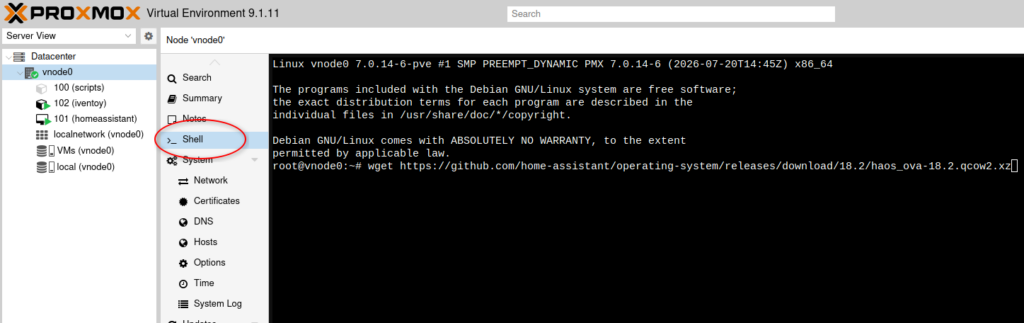 downloading Home Assistant qcow2 on Proxmox via web shell
