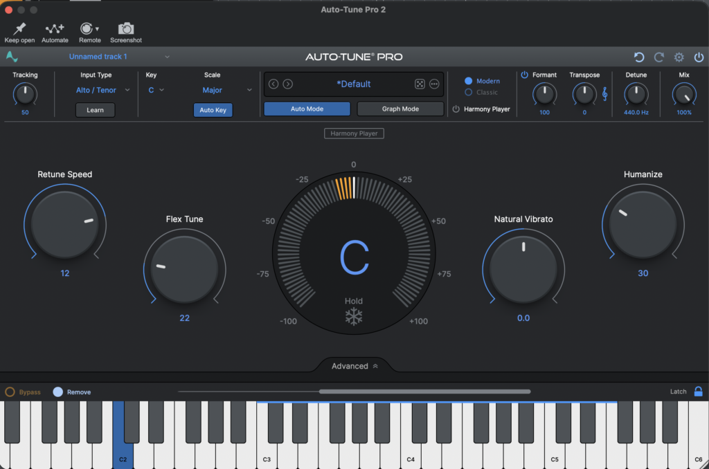 Screenshot of Antares Auto-Tune Pro showing the auto-tune algorithm controls in Auto Mode, including Retune Speed, Flex-Tune, Humanize, Natural Vibrato, Tracking, Input Type, Key, and Scale.