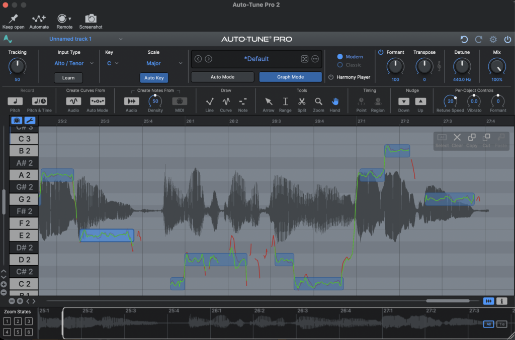 Screenshot of Antares Auto-Tune Pro in Graph Mode, showing the auto-tune algorithm's graphical pitch correction editor with detected vocal pitch curves, editable note targets, and the original audio waveform.