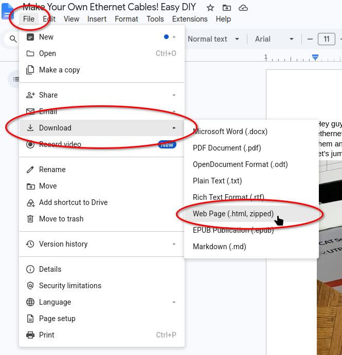 Download google doc as web page from menu