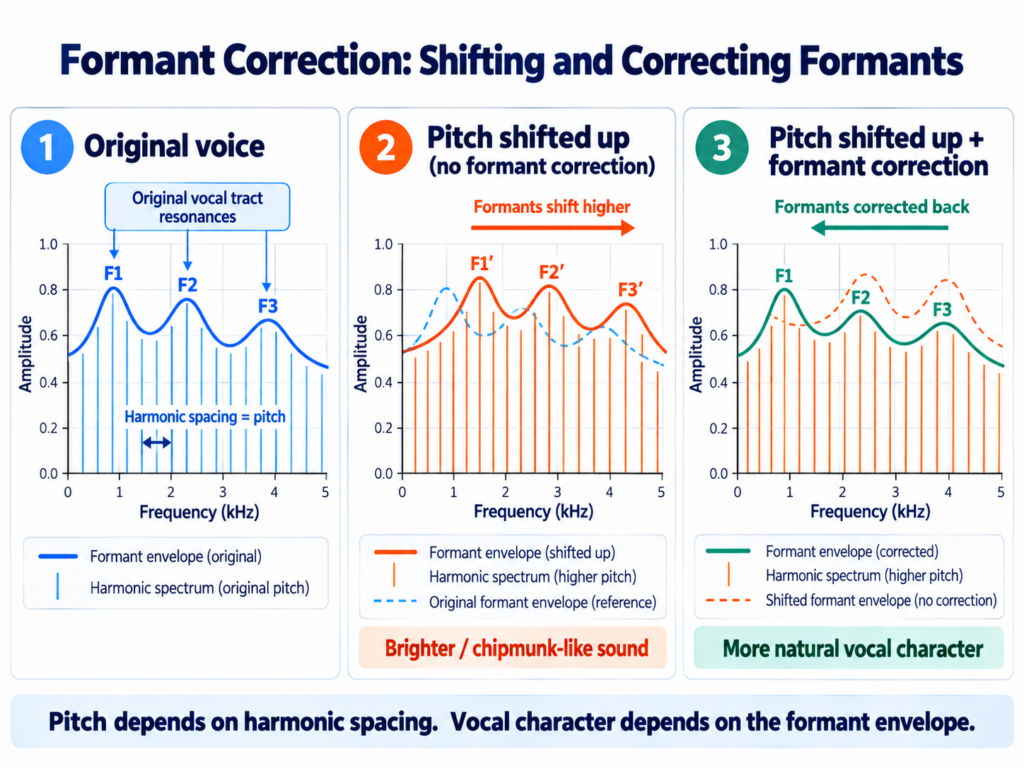 Three-stage diagram showing how formant correction works in pitch correction algorithms, comparing the original vocal spectrum, upward-shifted formants, and corrected formants that preserve natural vocal resonance.
