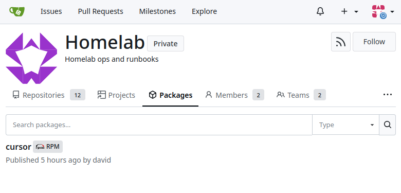 screenshot of cursor rpm package in opensuse rpm gitea repository