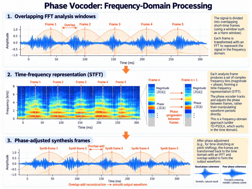 Diagram showing how a phase vocoder processes audio in the frequency domain using overlapping FFT analysis windows, a time-frequency representation, and phase-adjusted synthesis frames.